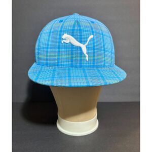Puma 210 Fitted Hat Blue Plaid Flat Brim Cap L/XL 7 1/4 – 7 5/8 Golf Streetwear